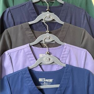 Grey's Anatomy Scrubs - lavender purple, navy, green, indigo and steel grey.